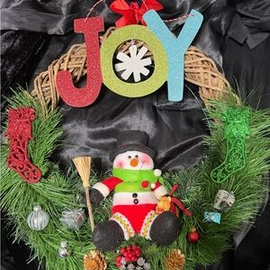 Festive Holiday Wreath with Snowman and JOY Sign